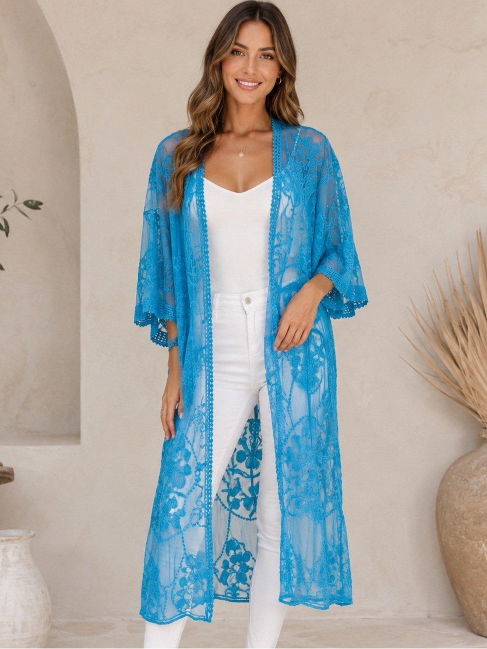 Raj Turquoise Lace Kimono NWOT